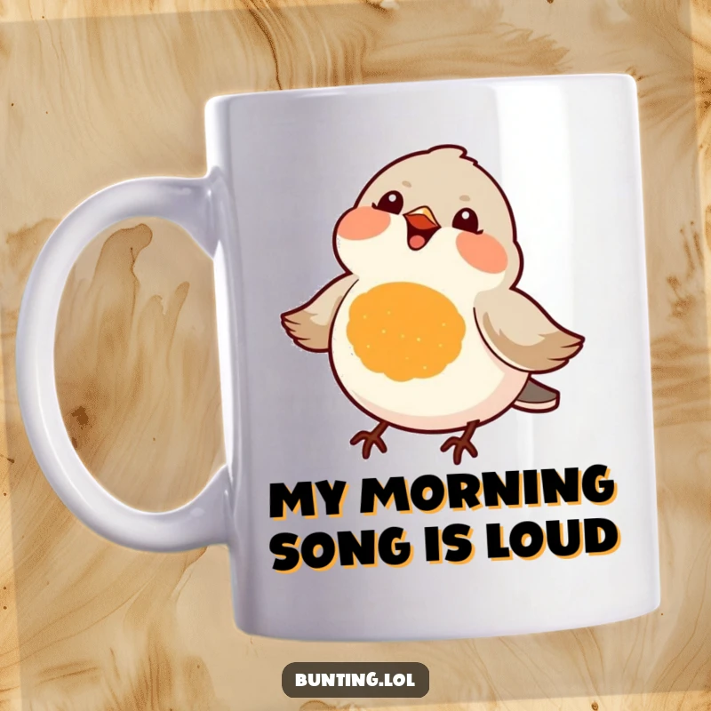 Funny mug featuring a small bird with an orange chest, joyfully chirping a happy tune, spreading cheer and humor.