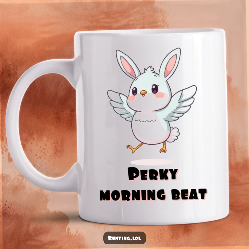 Funny bunting bird with wings slightly spread, hopping energetically with pure joy, depicted on this lively mug.