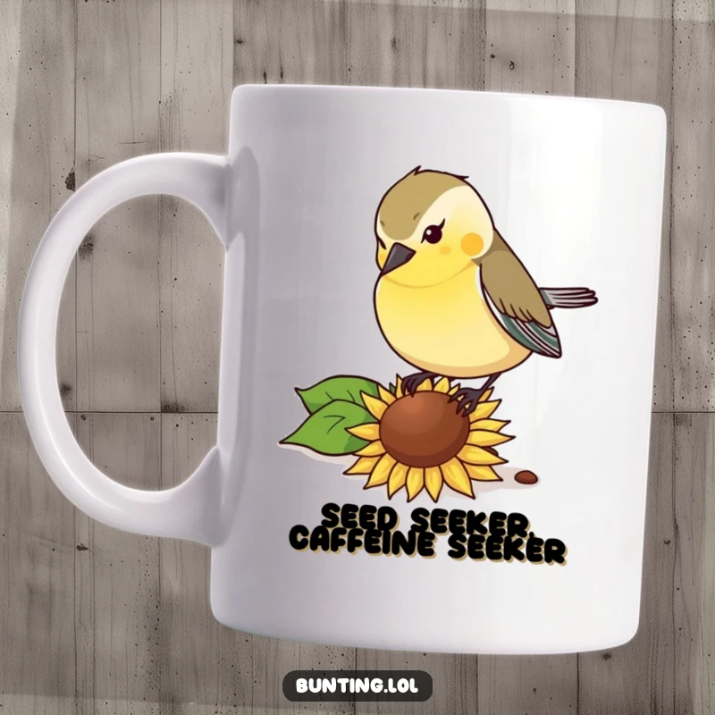 Funny Mug: A bunting bird pecks with gusto at a fallen sunflower seed, showcasing focused and humorous dining.