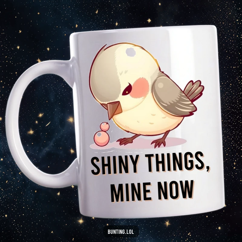 Funny mug showing a curious bird intently pecking at a small, shiny bead, highlighting its focused and humorous quest.