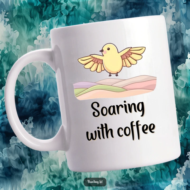 Funny Mug featuring a bunting bird shape with wings outstretched, humorously soaring gracefully over gentle, rolling hills, representing freedom.