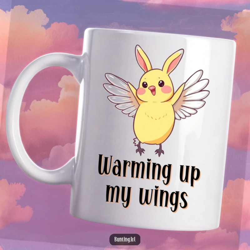 Funny Bunting Mug featuring a small bird stretching its wings wide in a beautiful, graceful arc.