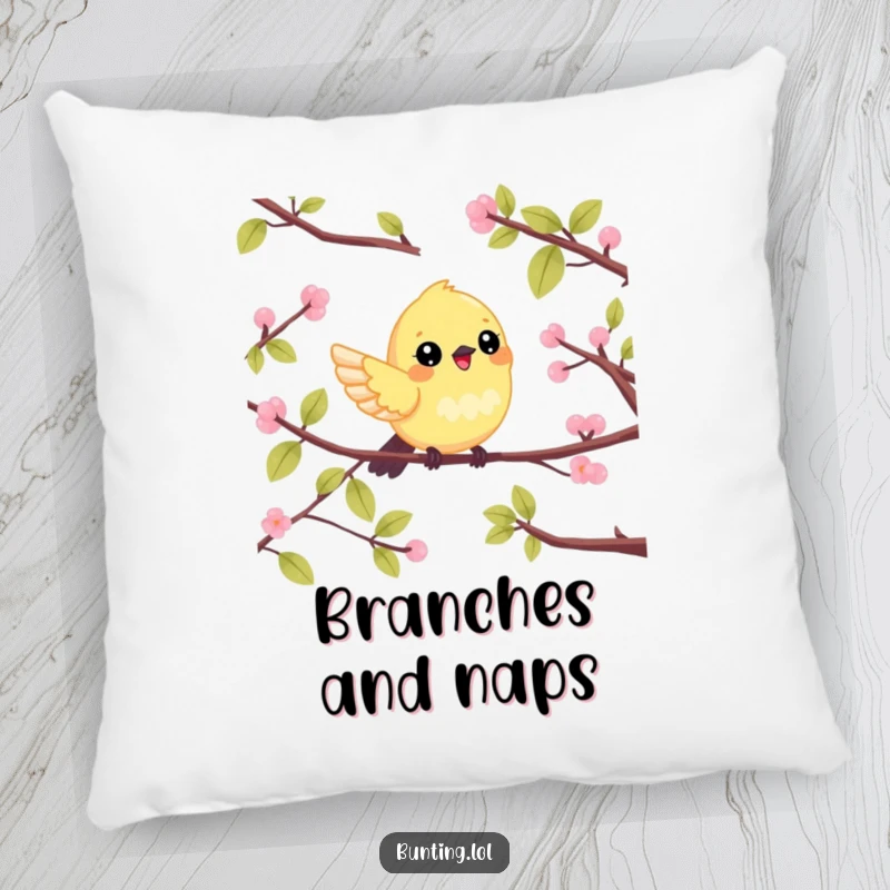 Funny Pillow featuring a cute bunting bird in a cheerful flight pose between branches, perfect for adding a touch of whimsy.