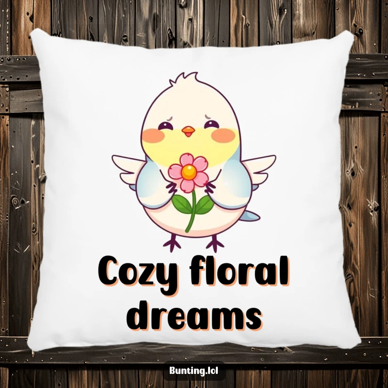 Funny Pillow featuring a smiling bunting bird offering a flower, adding a humorous and sweet touch to any room.
