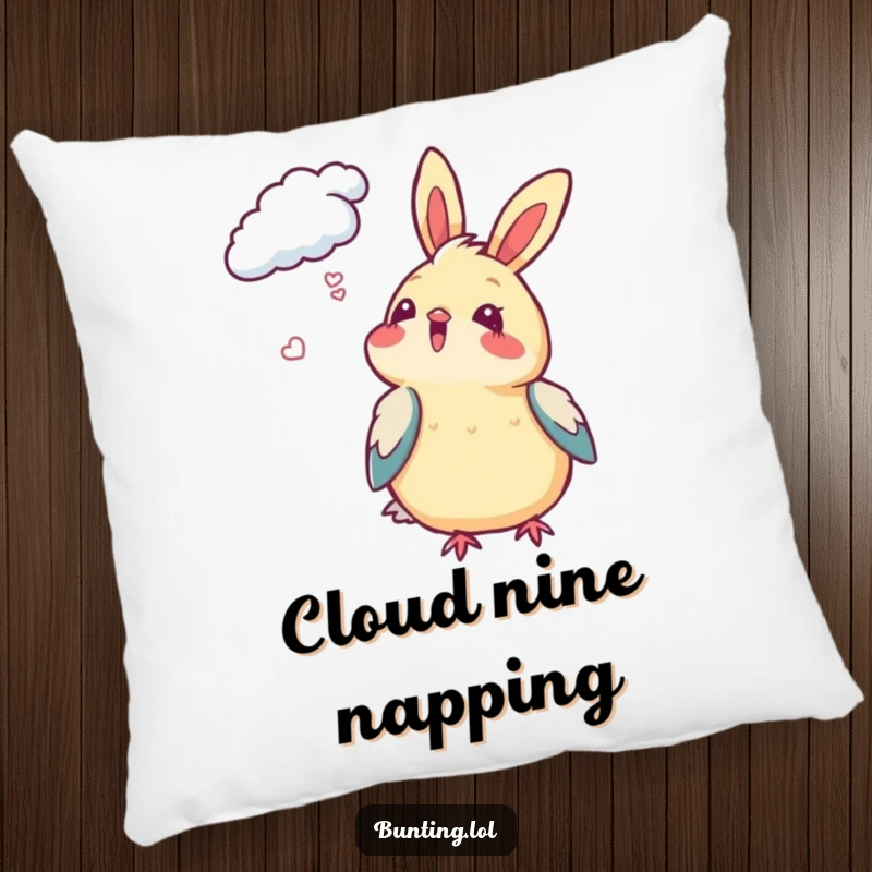 Funny Bunting Pillow featuring a bird gazing at clouds with delight, a soft and comforting piece of decor.