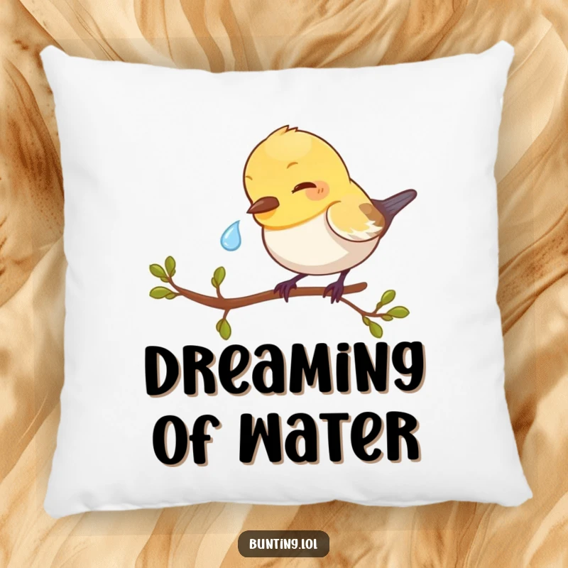 Funny Bunting Pillow featuring a bird playfully pecking at a dewdrop, a soft and charming decorative piece.