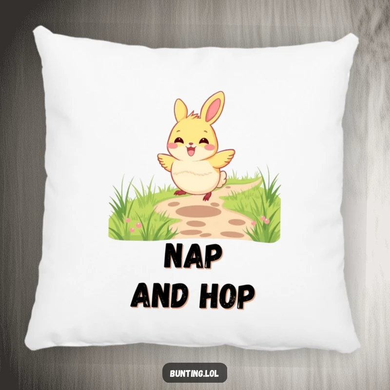 Funny bunting bird pillow depicting a bunting joyfully hopping along a grassy path, offering comfort and playful charm.