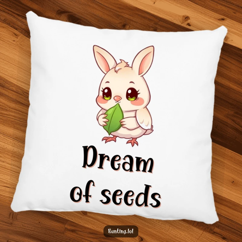 Funny bunting bird pillow depicting a bunting with bright eyes observing a seed, offering comfort and a humorous touch.