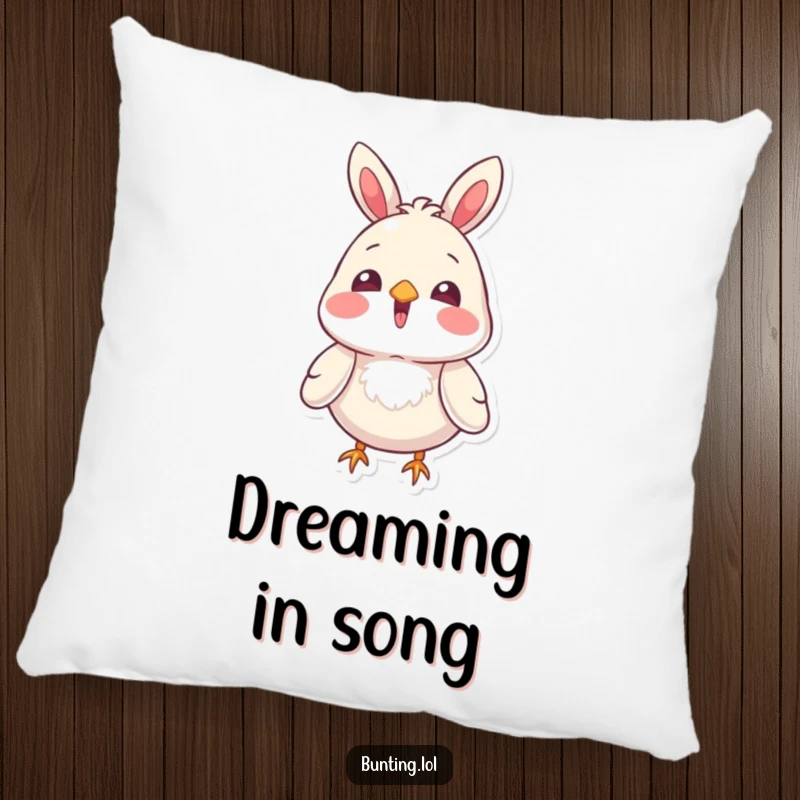 Funny bunting bird character singing with its beak open, on a soft pillow, bringing a sense of calm and musical joy.