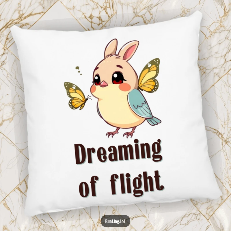 Funny bunting pillow showing a curious bird tilting its head at a butterfly, offering comfort and curious decor.