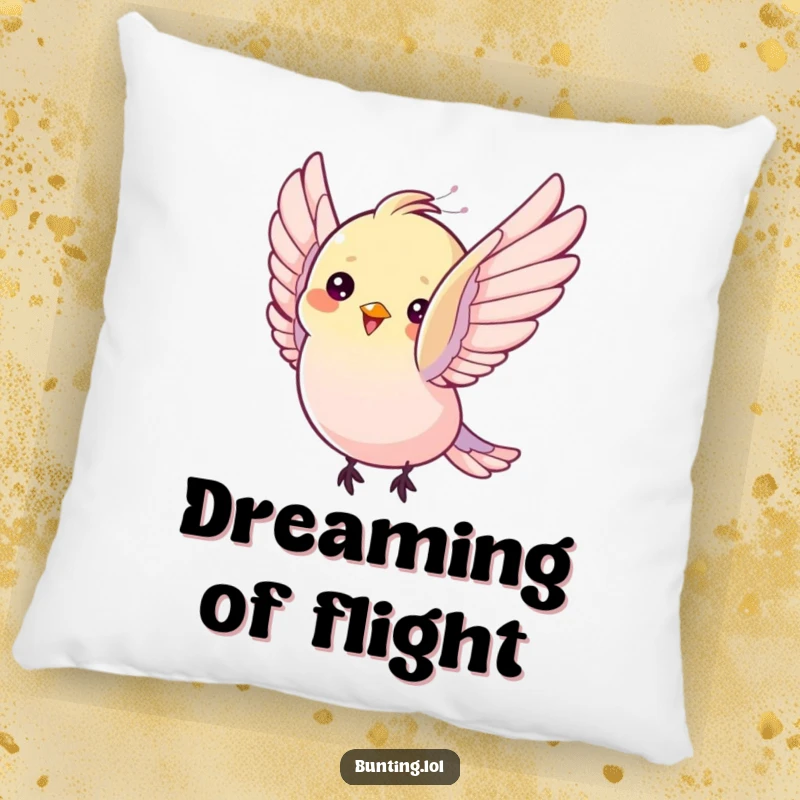 Funny Pillow: Bunting bird flutters its wings with pure delight, offering humorous comfort and decor.