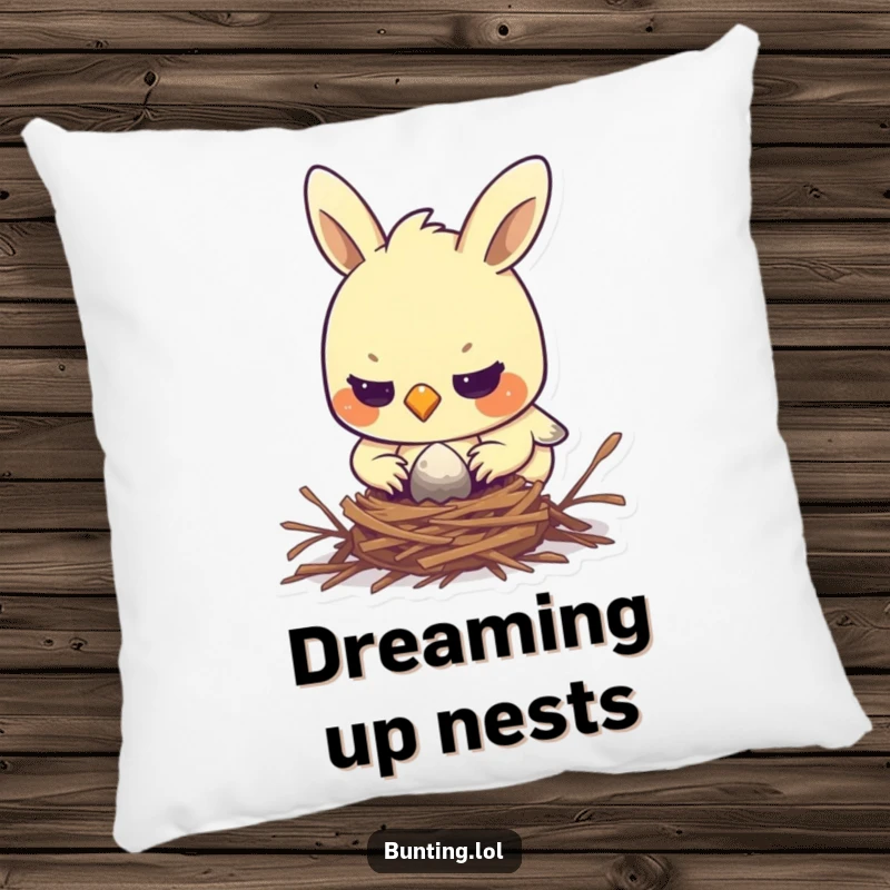 Funny bunting pillow showing a determined bird diligently building a tiny nest, adding comfort and focused charm.