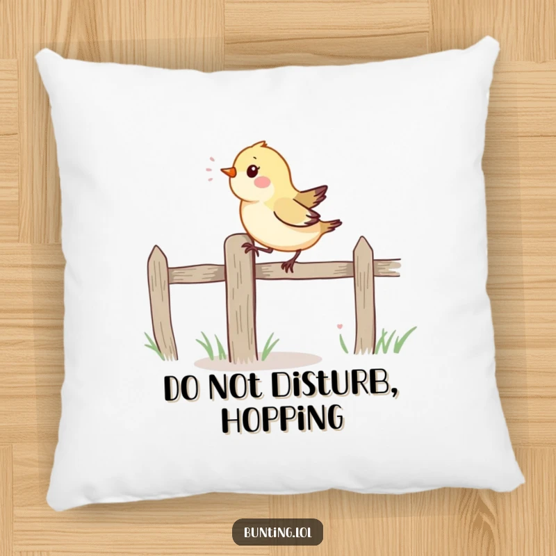 Funny Pillow: A small, vibrant bird hops energetically on a fence post, offering humorous comfort and decor.