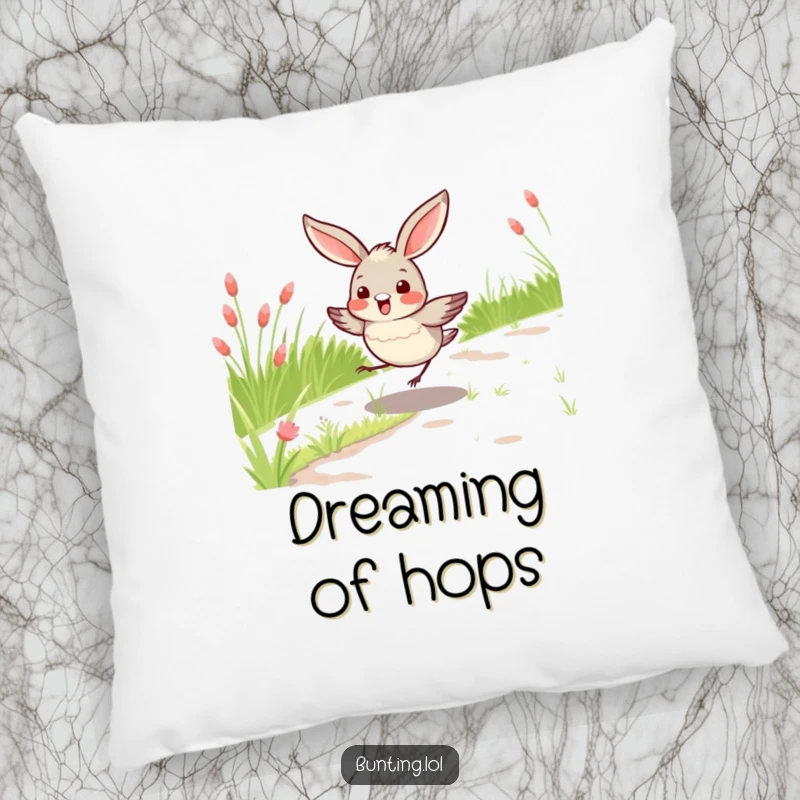 Funny bunting bird pillow featuring a bird joyfully hopping on a grassy path, adding cozy humor to any living space as a funny gift.