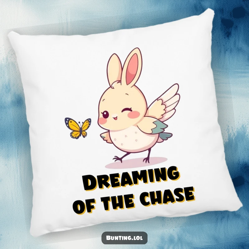 Funny bunting bird character playfully chasing a butterfly, depicted on a soft pillow, perfect for adding cozy charm and smiles.
