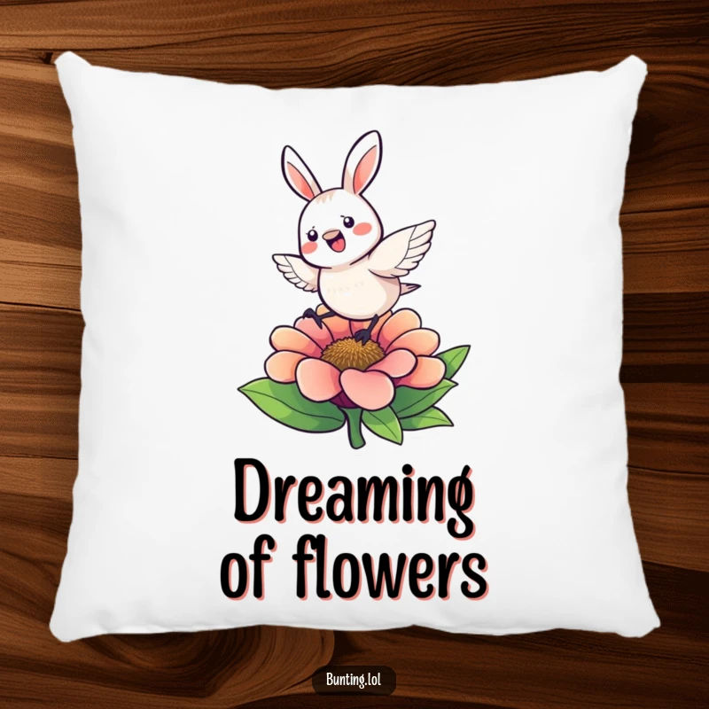 Funny Pillow showcasing a cute bunting character hopping energetically on a flower, bringing a touch of lively comfort.