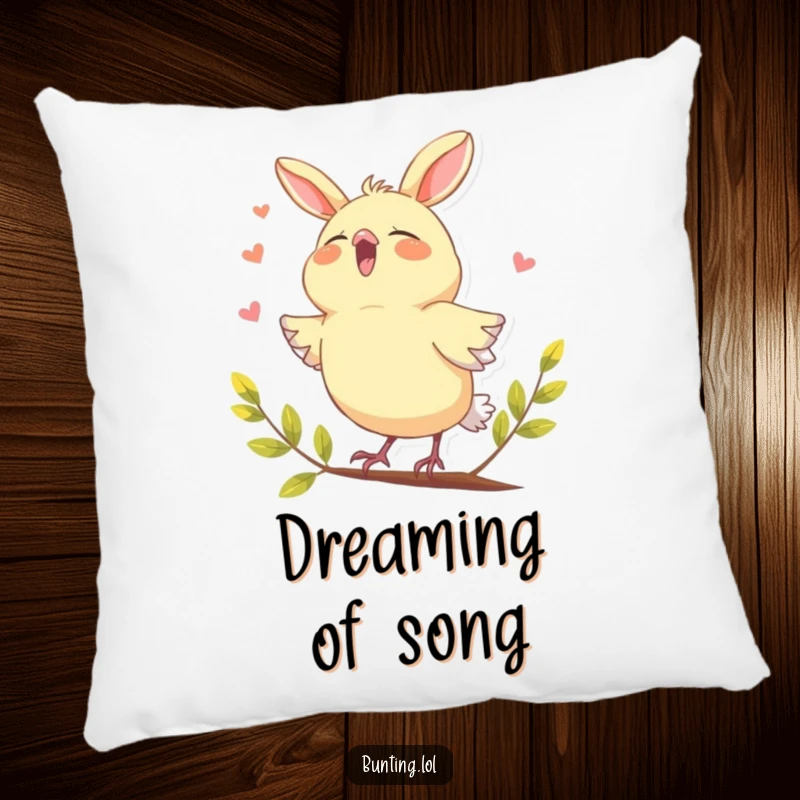 Funny bunting bird pillow, depicted joyfully singing with its beak open, a humorous and plush symbol of musical happiness.