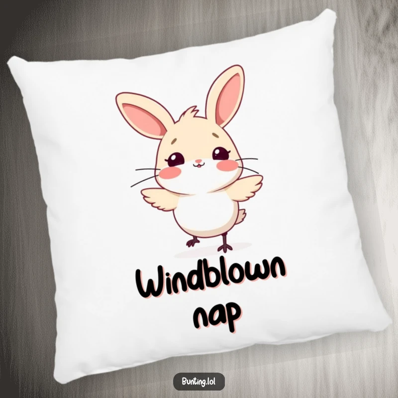 Funny bunting bird pillow, depicted with wide eyes and ruffled feathers, looking surprised by a sudden gust of wind, adding humor.