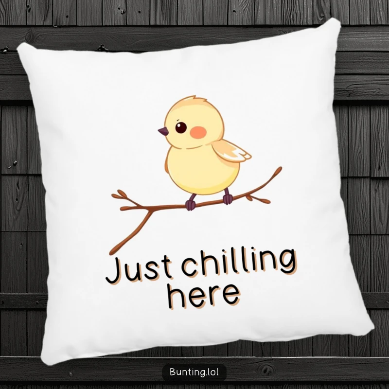 Funny Bunting Pillow featuring a bird in a playful hopping pose on a twig, adding charm.