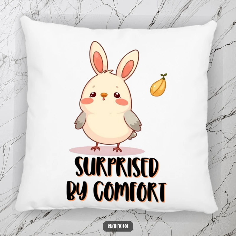 Funny Bunting Pillow featuring a bird looking surprised as a seed floats by, adding amusing humor.