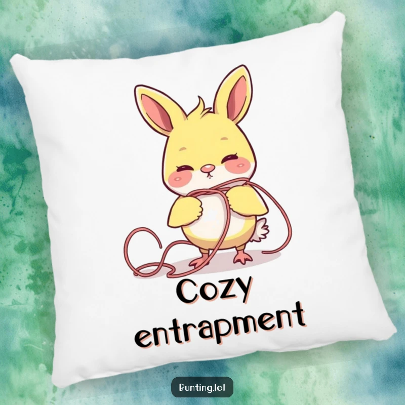 Funny bunting bird comically tangled in yarn, bringing a dose of humor and softness to this pillow.