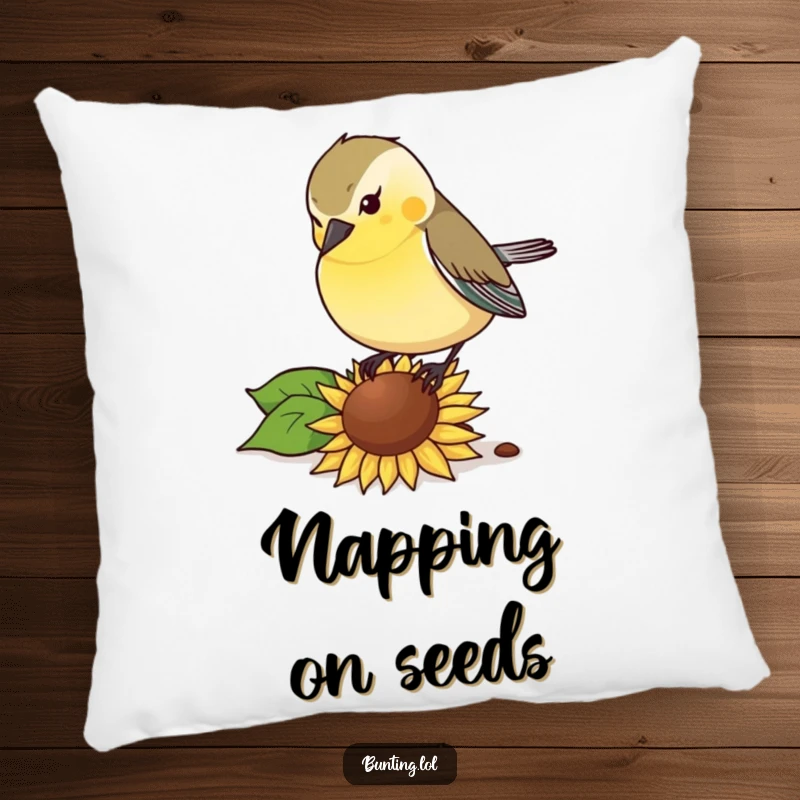Funny Pillow: Bunting bird pecking with gusto at a sunflower seed, offering humorous comfort and decor.