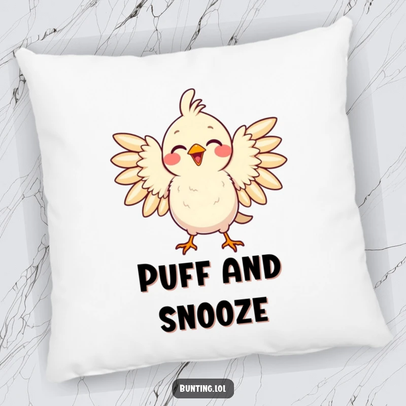 Funny pillow featuring a delighted bird puffing its feathers with pride, offering comfort and a humorous message of self-love.
