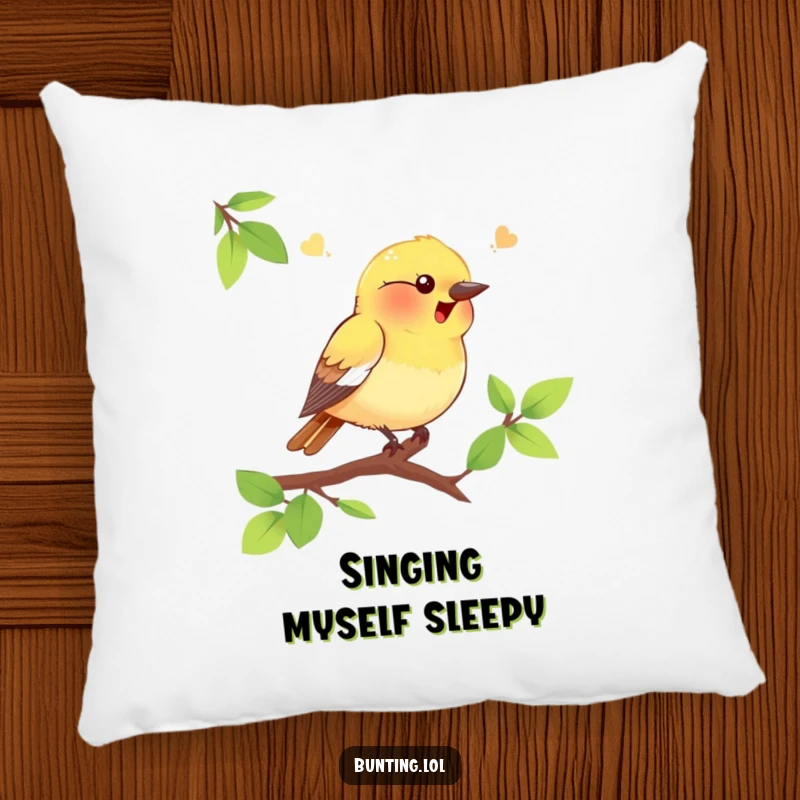 Funny bunting bird pillow featuring a delightful bird chirping on a branch, adding cozy humor to any living space as a funny gift.