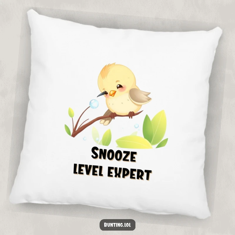 Funny Pillow featuring a charming bunting bird's funny action of pecking at a dewdrop, adding a humorous and cozy touch.
