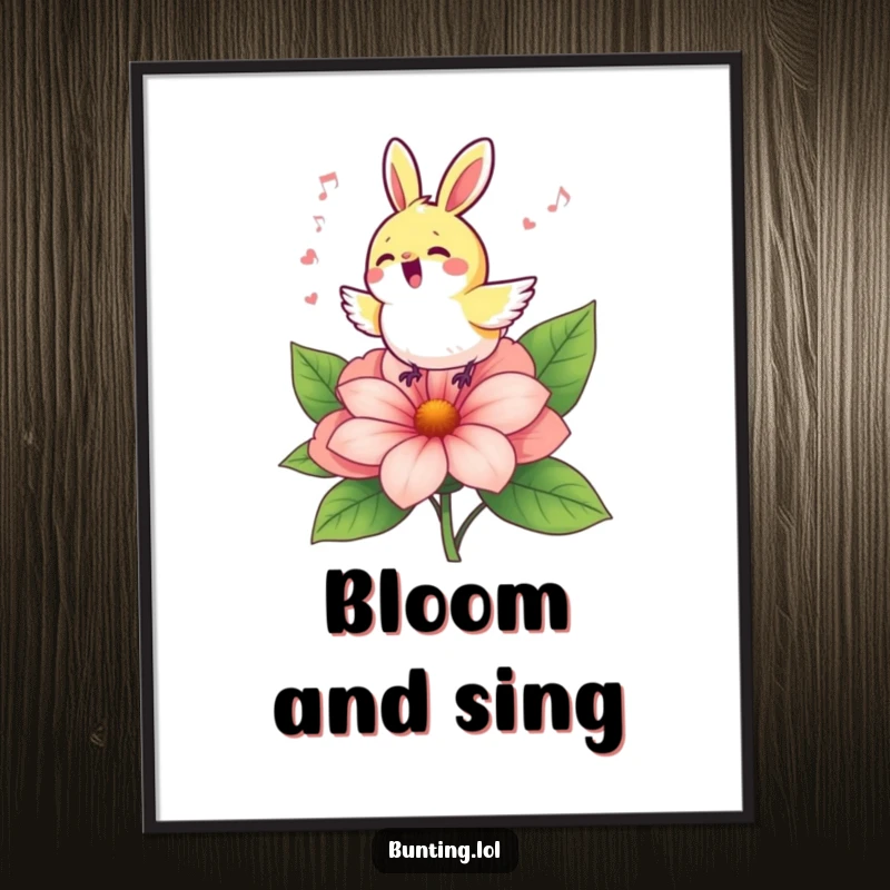Funny bunting bird captured mid-song atop a colorful flower, available as a downloadable digital art print.