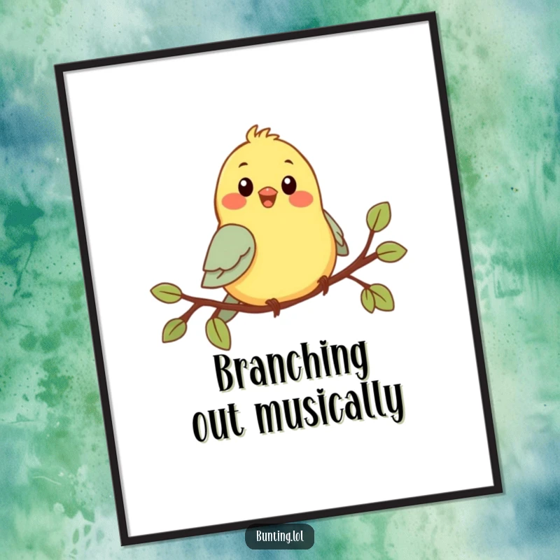 Funny Chirping Bunting Digital Art Print: Adorable bird cheerfully singing on a branch, bringing funny vibes instantly.
