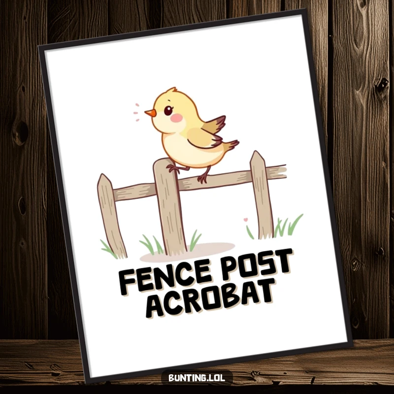 Funny Digital Art Print: Vibrant bird energetically hopping on a fence post, offering instant humorous wall decor.