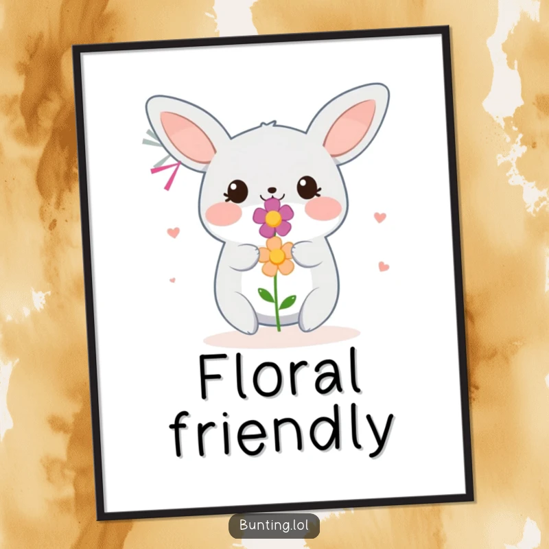 Funny Bunting Digital Art Print showing a bird smiling and offering a flower, ideal for heartwarming and joyful wall decor.