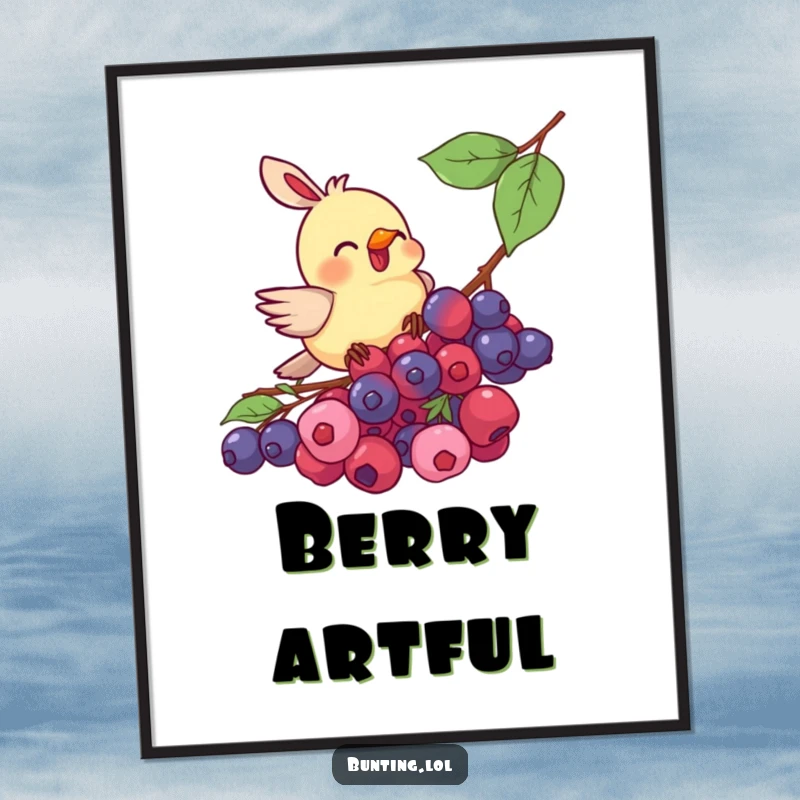 Funny bunting bird digital art print, enthusiastically pecking at a cluster of berries, a vibrant and humorous illustration.