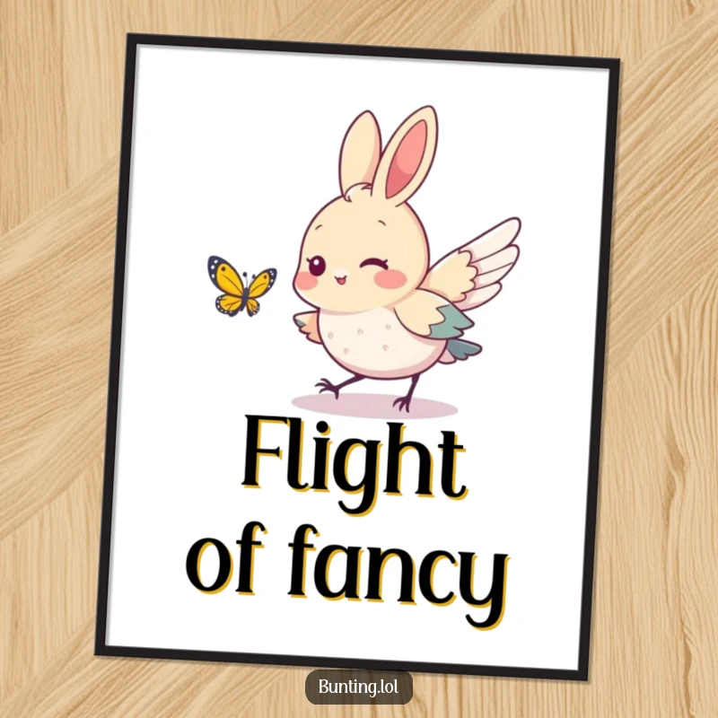 Funny bunting bird character playfully chasing a small butterfly, as a digital art print, capturing a moment of pure, lighthearted fun.
