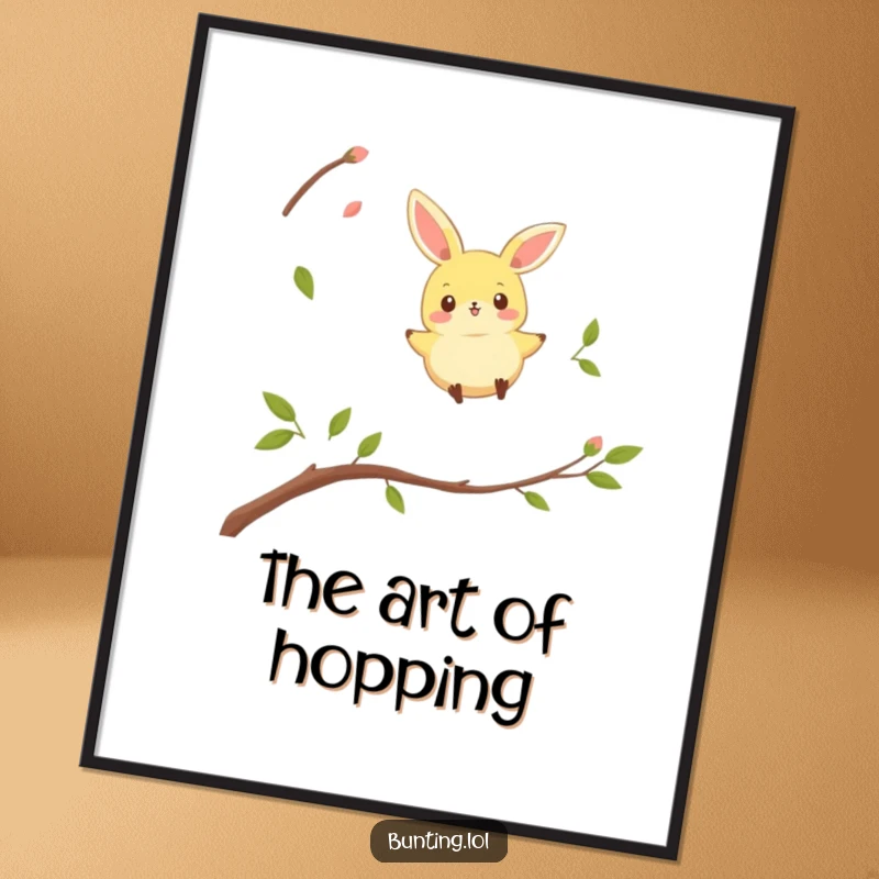 Funny bunting bird digital art print of a character playfully hopping between twigs, ideal for instant whimsical decor.
