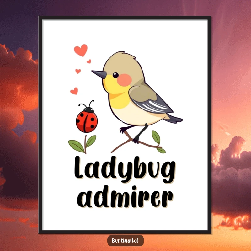 Funny Digital Art Print: Bunting bird chirping with excitement at a passing ladybug, offering instant humorous wall art.