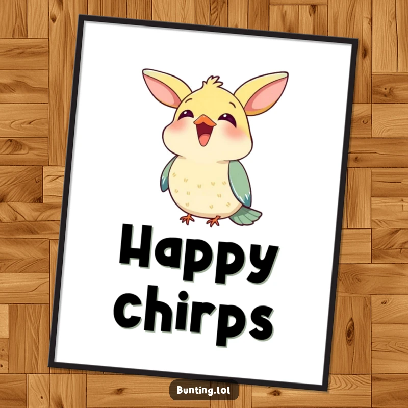 Funny Digital Art Print of a cute bunting bird joyfully chirping with its beak open, a vibrant and musical illustration.