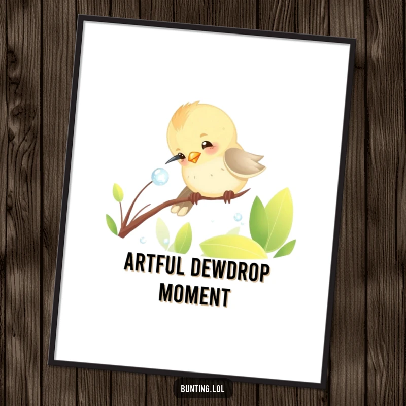 Funny Digital Art of a bunting bird playfully pecking at a dewdrop, an immediate dose of avian humor for your walls.