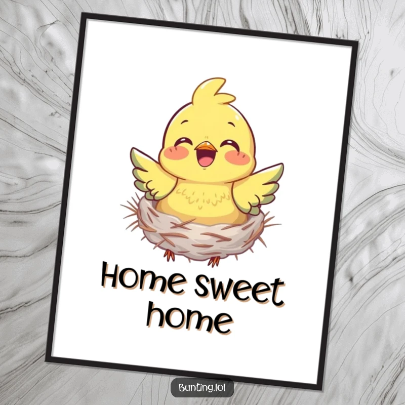 Funny bunting digital art print capturing a bird happily gathering nesting material, symbolizing joy, creation, and home.