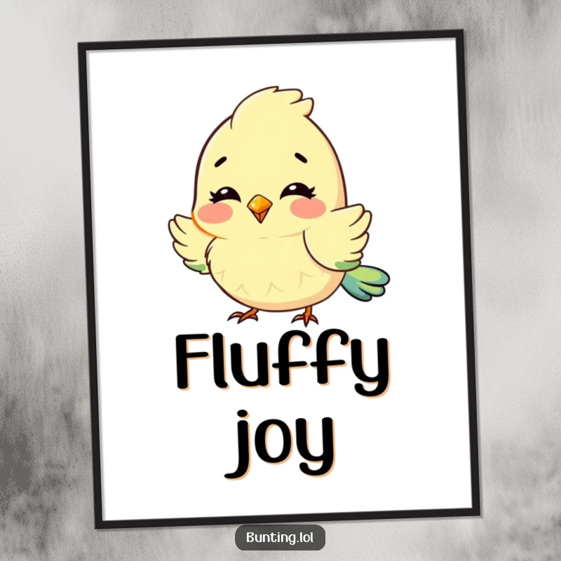 Funny Digital Art Print of a cute bunting character fluffing its feathers with delight, creating a cozy and happy ambiance.