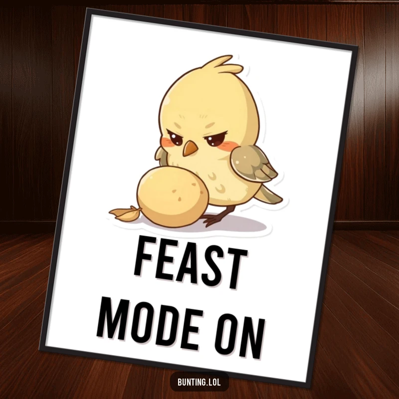 Funny Digital Art Print of a small bird character with a determined look, pecking at a large seed, offering immediate downloadable focus.