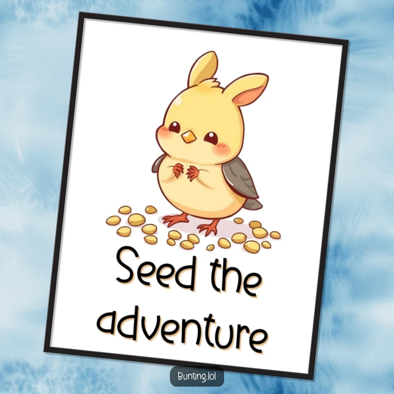 Funny Pecking Bunting Digital Art Print: Adorable bunting bird playfully pecking seeds, perfect for funny wall decor.