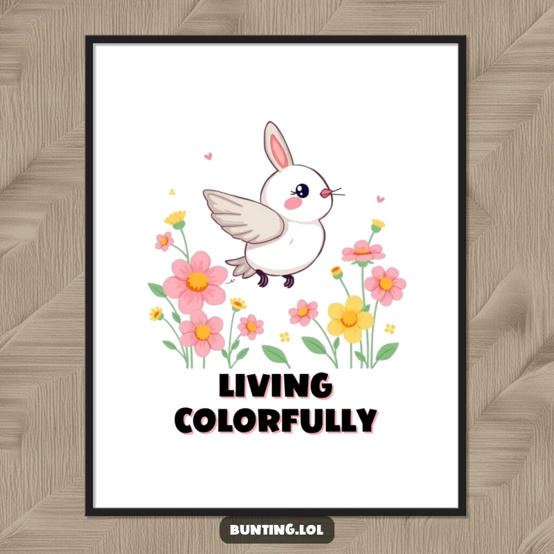 Funny Zippy Bunting Digital Art Print of a bird zipping through flowers, perfect for vibrant decor.