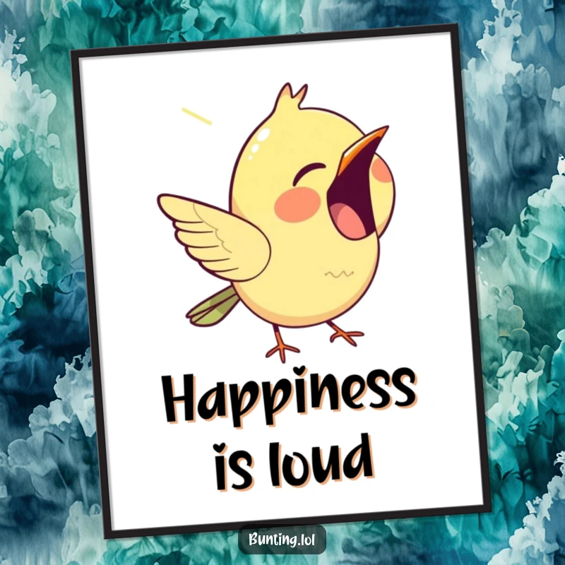 Funny bunting digital art print, showing a happy bird singing with its beak open, ready for instant cheerful decoration.