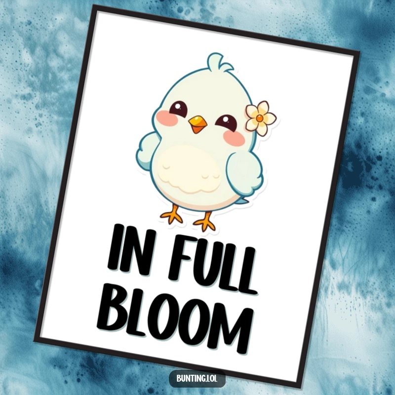 Funny Digital Art Print of a cheerful bird character with a flower behind its ear, offering immediate downloadable cheer and cuteness.