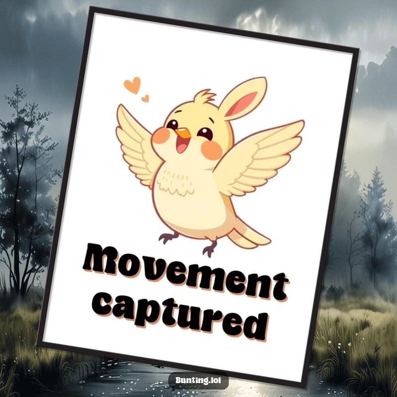 Funny bunting bird digital art print of an excited bunting character joyfully fluttering its wings, conveying pure, humorous energy and vibrant movement.