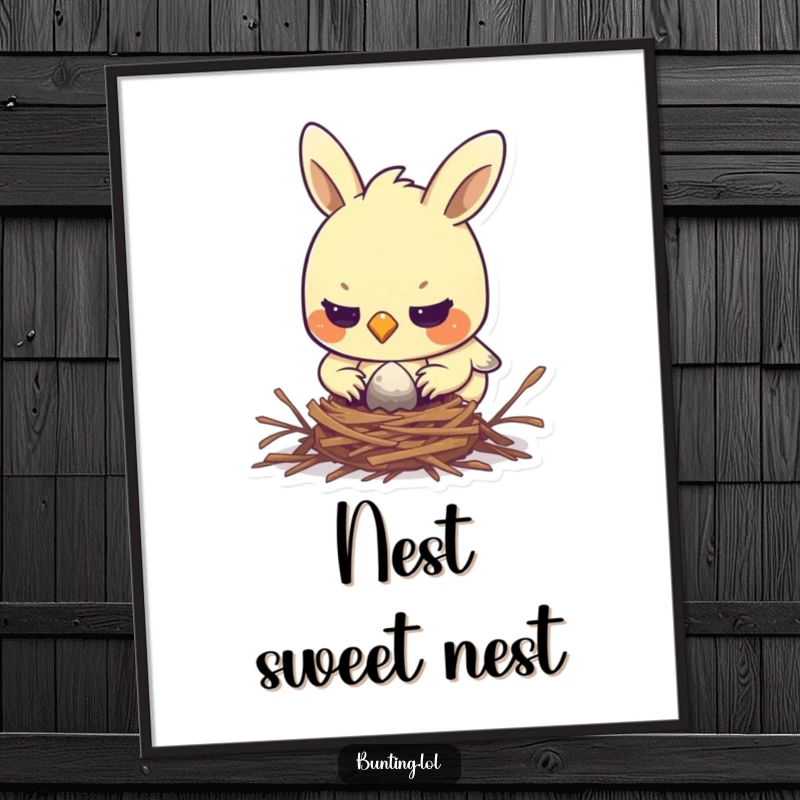 Funny bunting digital art print of a determined bird focused on building its nest, ideal for motivational and humorous decor.