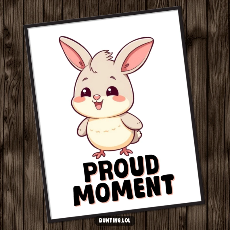 Funny Digital Art Print of a cute bunting character doing a proud head bob, radiating confidence and cheerful pride.