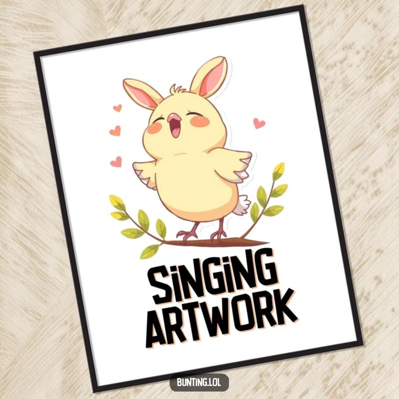 Funny bunting bird digital art print, humorously shown joyfully singing with its beak open, a vibrant and musical illustration.